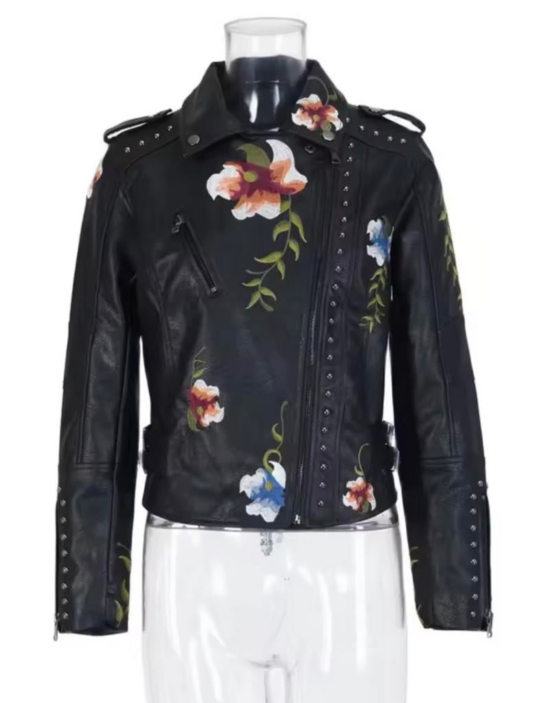 Nieuw Vegan Leren Bikerjack met Prachtige Bloemenborduursels, Ophalen of Verzenden, Nieuw, Maat 38/40 (M), Zwart