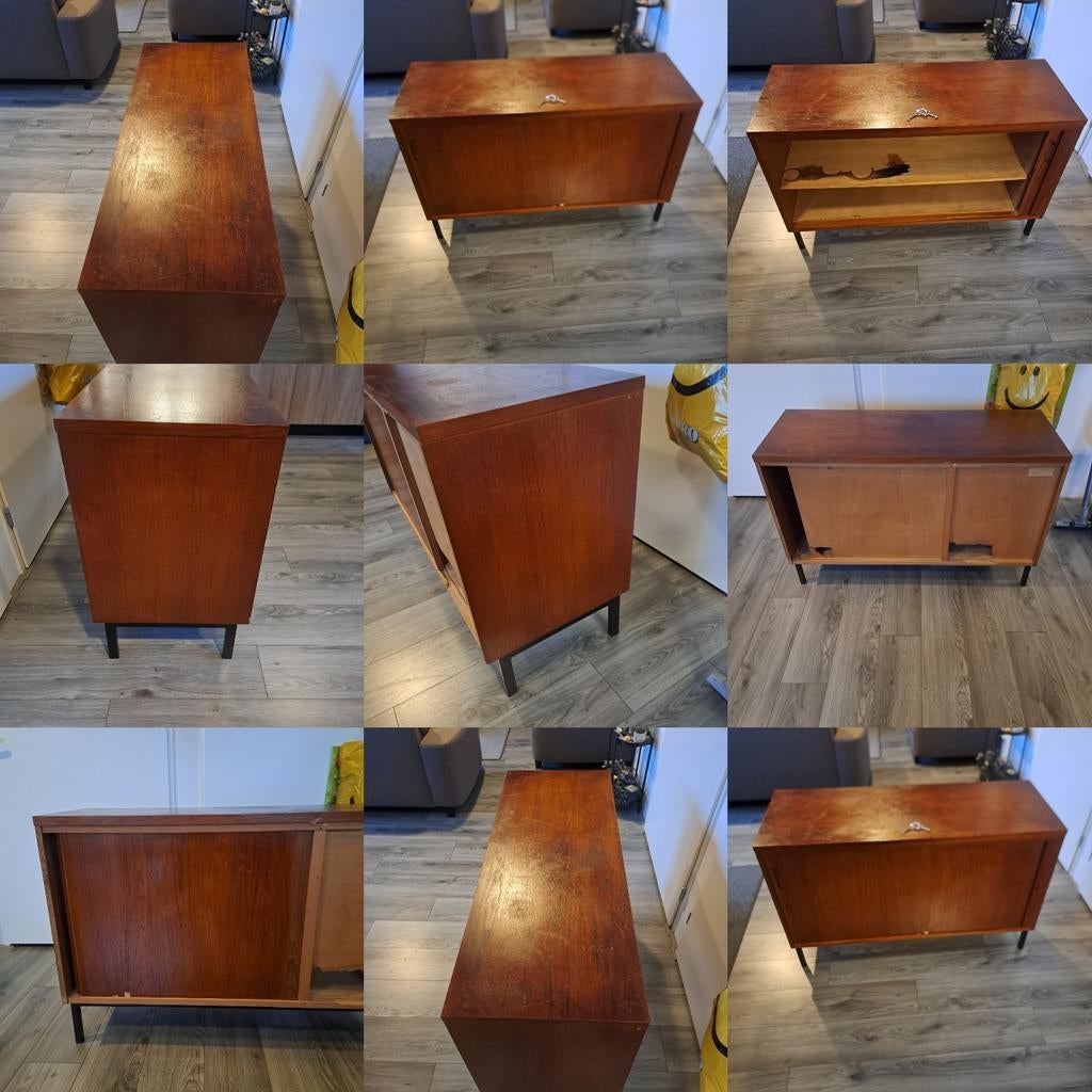 Vintage-design, EEKA roldeur dressoir uit Scandinavië, 60's., Ophalen, Gebruikt, 25 tot 50 cm, Teakhout