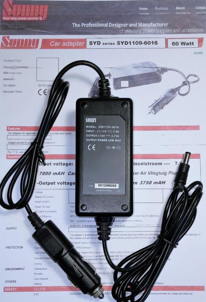 Sunny SYD1109-6016 DC DC Adapter 16V 3.75A 60W 2.5x5.5mm