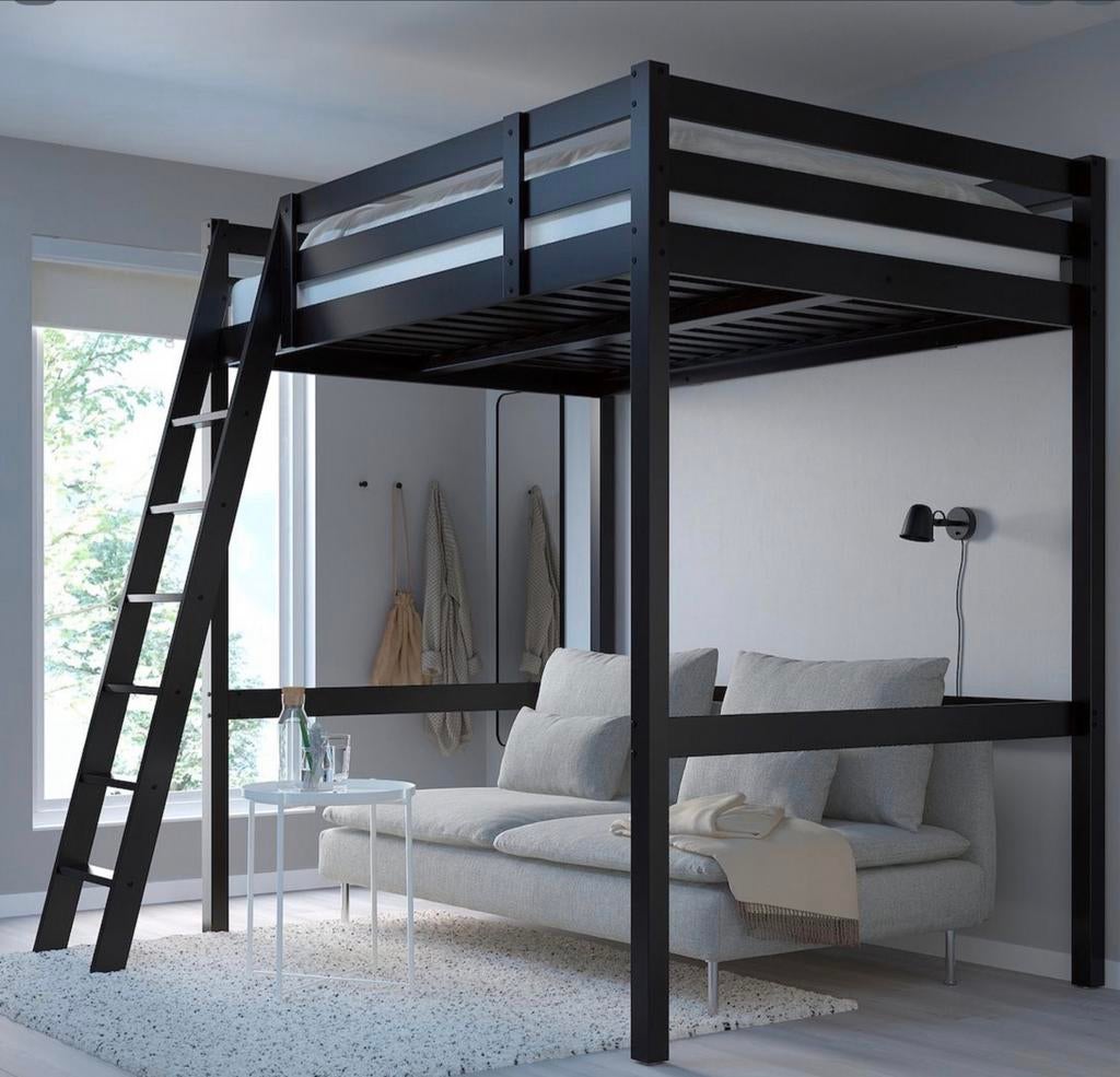 Houten 2-pers. hoogslaper Ikea Stora met bureau en matras, Ophalen, Gebruikt, Hoogslaper