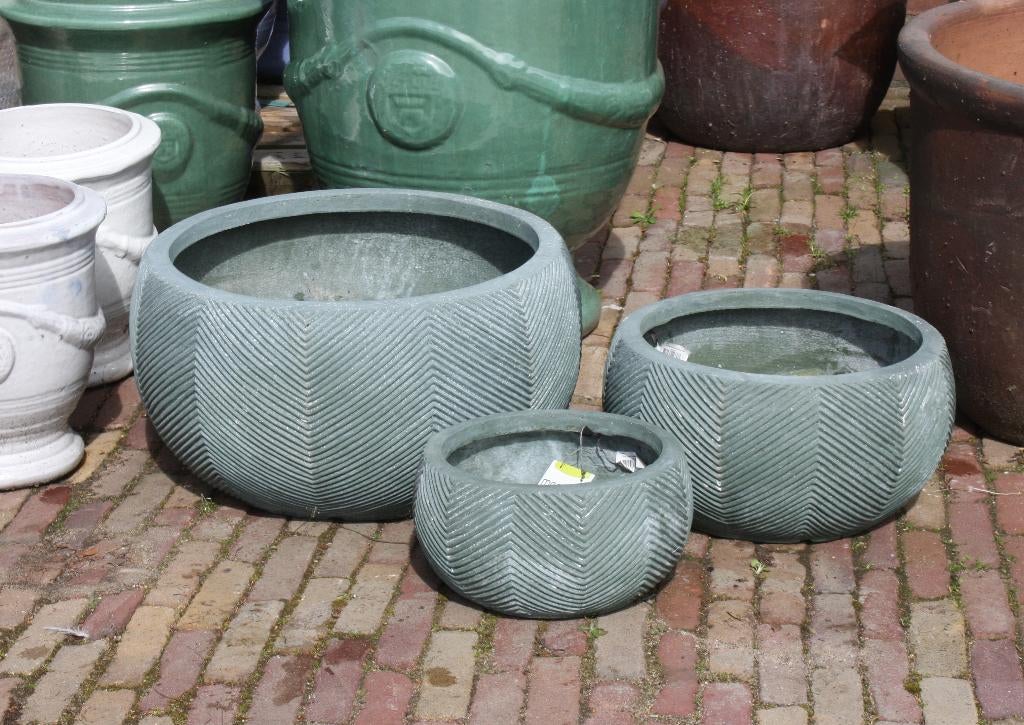 Ronde bloempotten plantenschaal olijfgroen visgraat terras, Ophalen, Overige materialen, 40 cm of meer, Rond