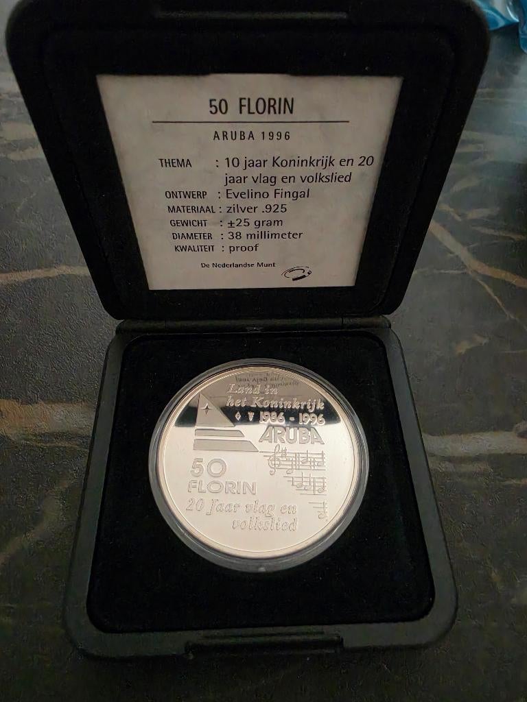 50 florin Aruba 10 jaar koningkrijk 20 jaar vlag volkslied, Verzenden, Koningin Beatrix, Zilver, Overige waardes