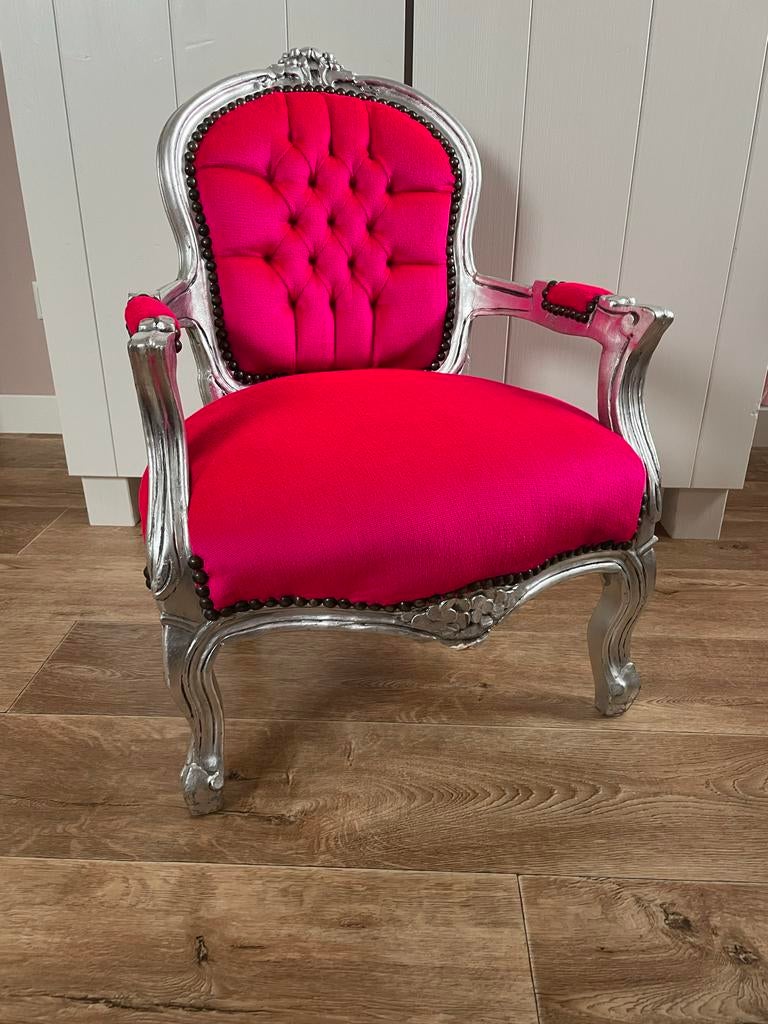 Barok kinderfauteuil - roze met zilveren frame, Huis en Inrichting, Fauteuils, Zo goed als nieuw, Hout, Stof, 50 tot 75 cm, Minder dan 75 cm