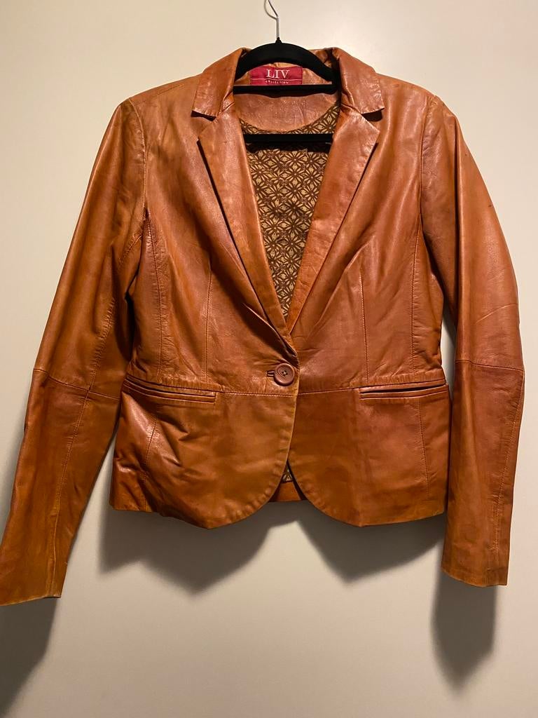 Cognac-bruin colbertje, Kleding | Dames, Jassen | Zomer, Ophalen, Zo goed als nieuw, Maat 42/44 (L), Bruin