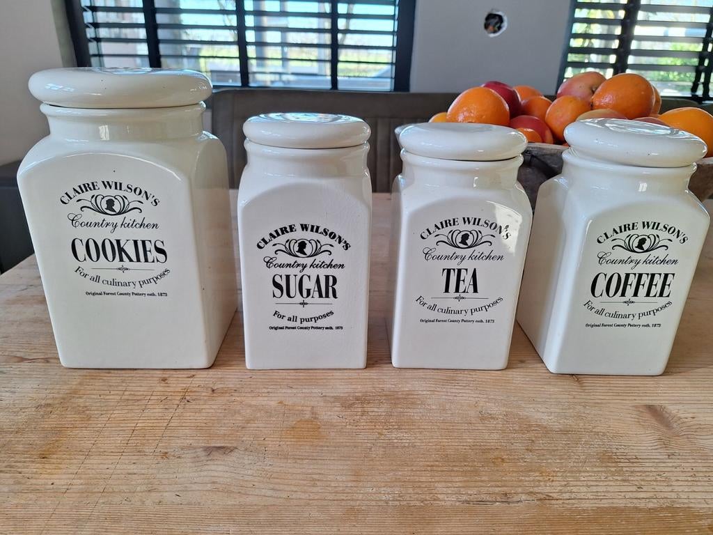 Claire Wilson Voorraadpotten: Tea, Coffee, Sugar, Cookies, Huis en Inrichting, Ophalen of Verzenden, Gebruikt