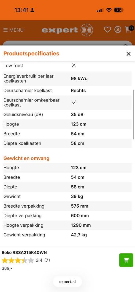 Beko Koelkast, Witgoed en Apparatuur, Koelkasten en IJskasten, Ophalen, 150 tot 200 liter, 120 tot 140 cm, Energieklasse A of zuiniger