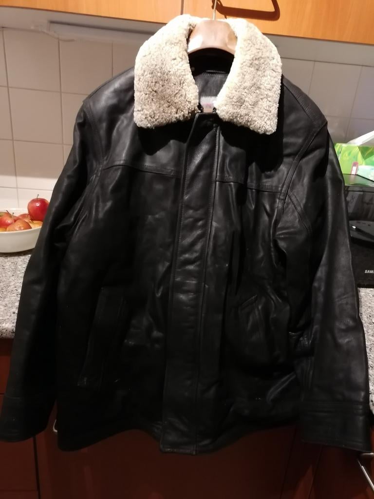 Bruin leren jack met crème bontkraag, Ophalen, Maat 52/54 (L)