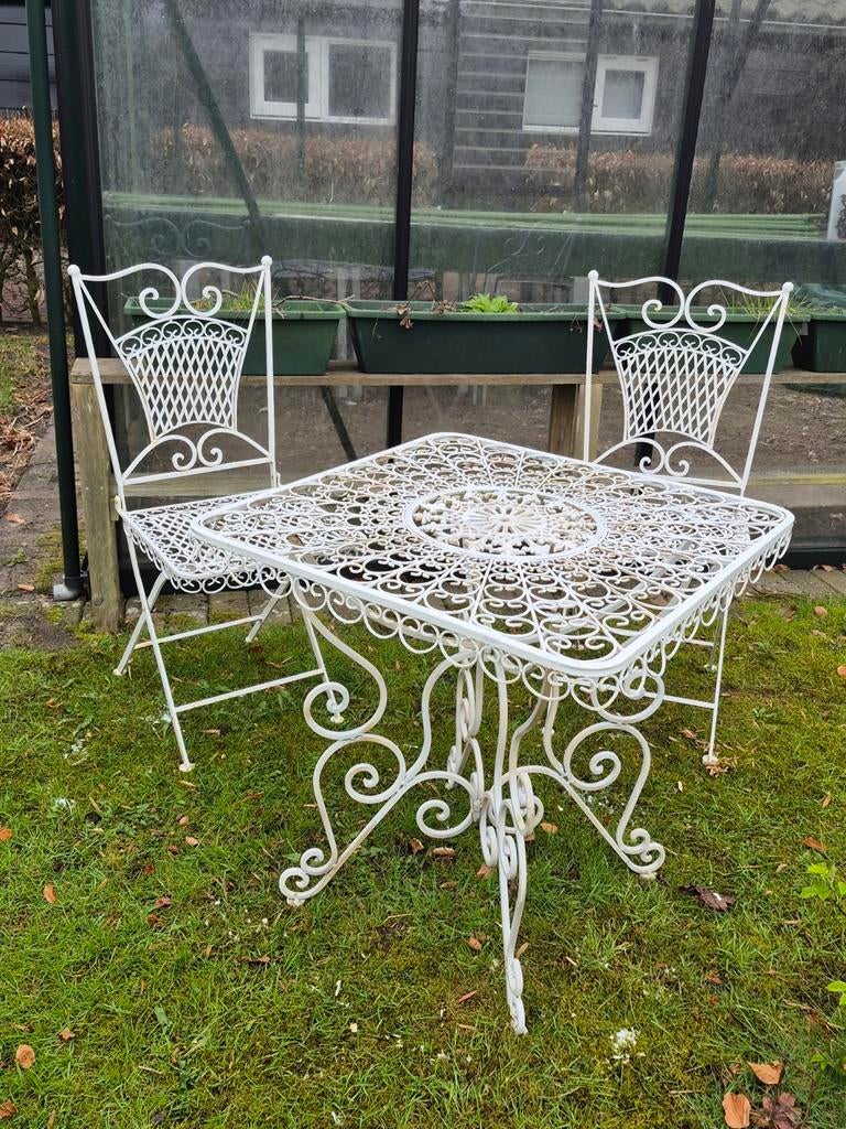Smeedijzeren wit Bistroset Tafel, 2 stoelen Brocante Cottage, Ophalen