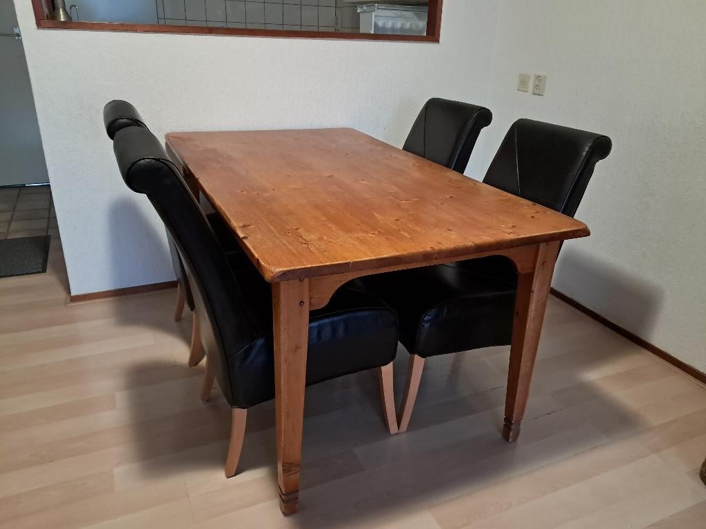 Antiekgrenen eettafel met 4 lederen stoelen, Ophalen, Gebruikt, 50 tot 100 cm, 150 tot 200 cm