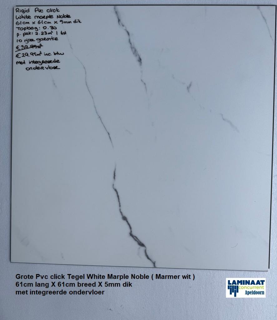 Grote Pvc click Tegel Carrara Marmer 61cm X 61cm €29,95p/m2, 75 m² of meer, Wit, Nieuw, Ophalen of Verzenden