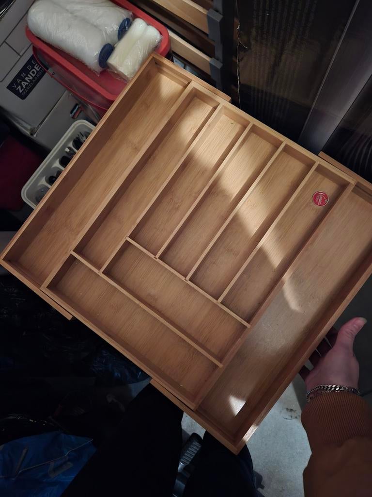 Uitschuifbare bamboe besteklade organizer, Ophalen of Verzenden, Zo goed als nieuw, Hout, Los bestek