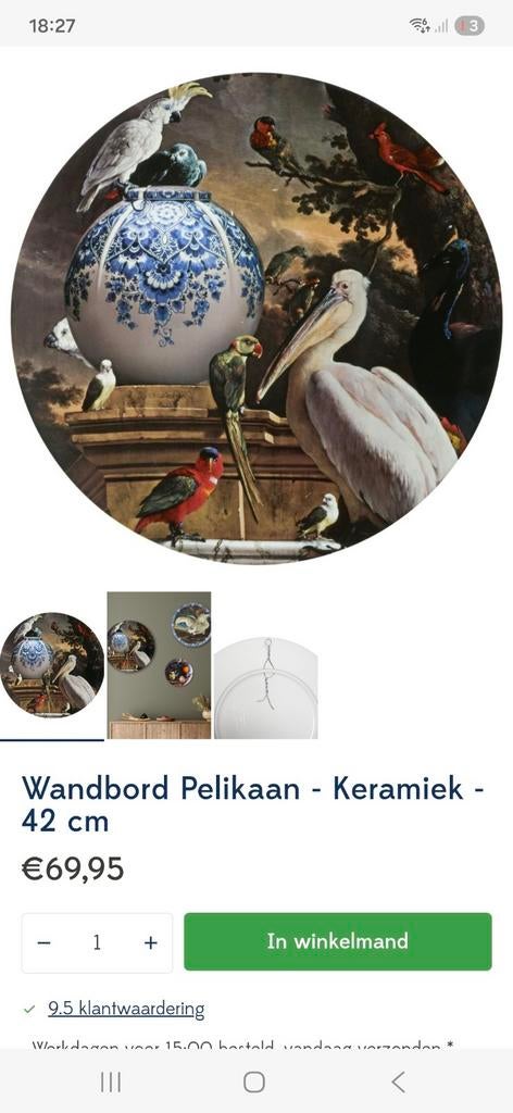 Wandbord heinen delfsblauw pelicaan vraagprijs 50 euro, Ophalen of Verzenden