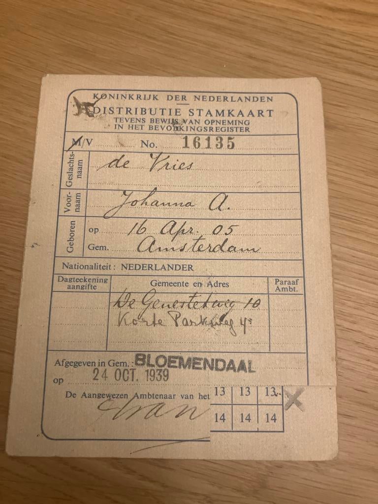 WOII Distributie Stamkaart Bloemendaal 1939, Verzamelen, Militaria | Tweede Wereldoorlog, Ophalen of Verzenden, Nederland