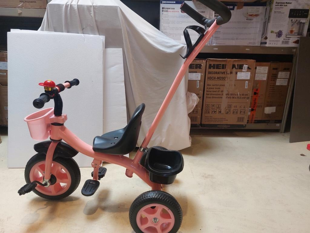 Driewieler met duw/stuurstang Roze metaal NIEUW in doos, Verstelbare zitting, ., Nieuw, Ophalen of Verzenden