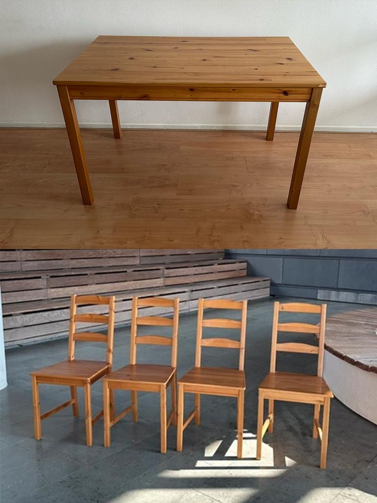 IKEA Wood Dining Table Set + 4 Chairs, Ophalen, 100 tot 150 cm, 50 tot 100 cm, Zo goed als nieuw