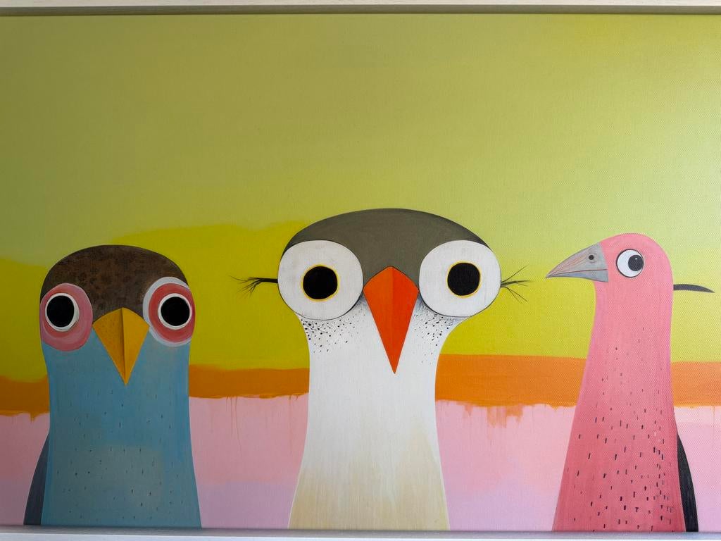 Vrolijke kleurrijke vogels op canvas met witte lijst 50x80cm, Ophalen