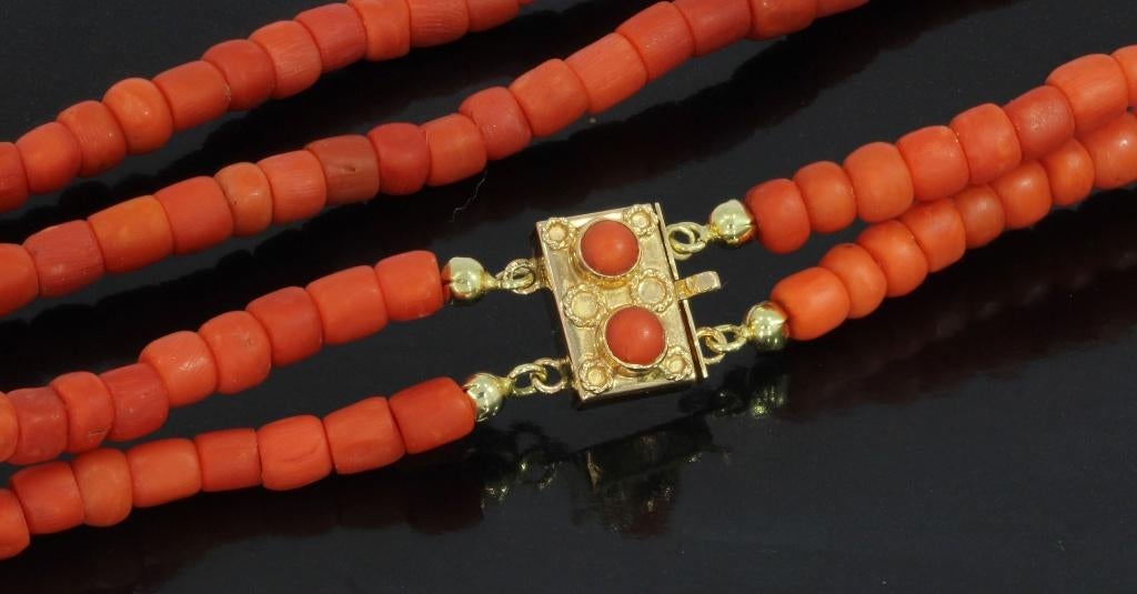 Bloedkoraal antieke ketting fraai 14k gouden slot dames, Sieraden, Tassen en Uiterlijk, Antieke sieraden, Verzenden, Goud, Ketting