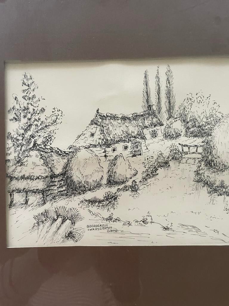 Ingelijste tekening , boerderij Dwarsdiep, Antiek en Kunst, Ophalen of Verzenden