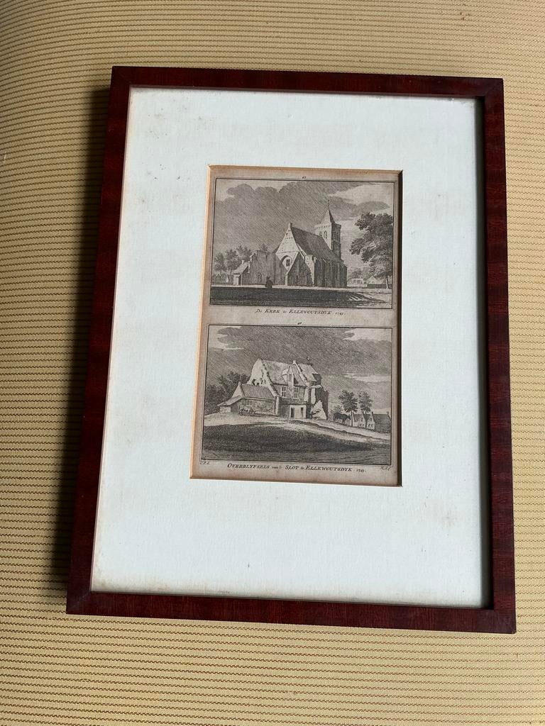 Antieke Gravure: Kerk en Slot Ellewoutsdijk (1741), Ingelijst, Stadsgezicht, Ophalen of Verzenden, Gravure