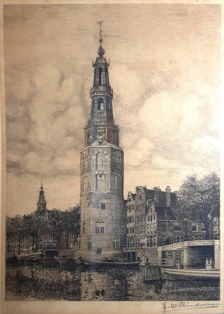 Ets van: Jan (W.) Lindeman De Montelbaanstoren Amsterdam., Ophalen of Verzenden, Stadsgezicht, Ets