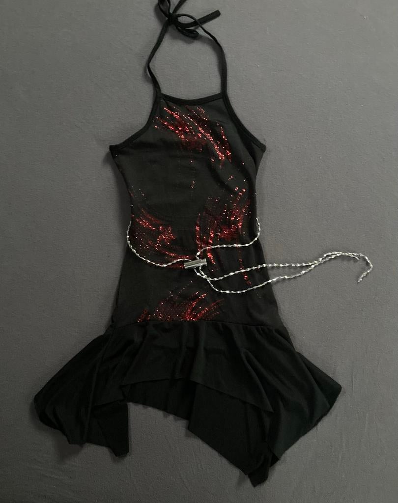 Feestjurk haltermodel met glitters - Maat 104/110, Ophalen of Verzenden, Gebruikt, Meisje, Jurk of Rok