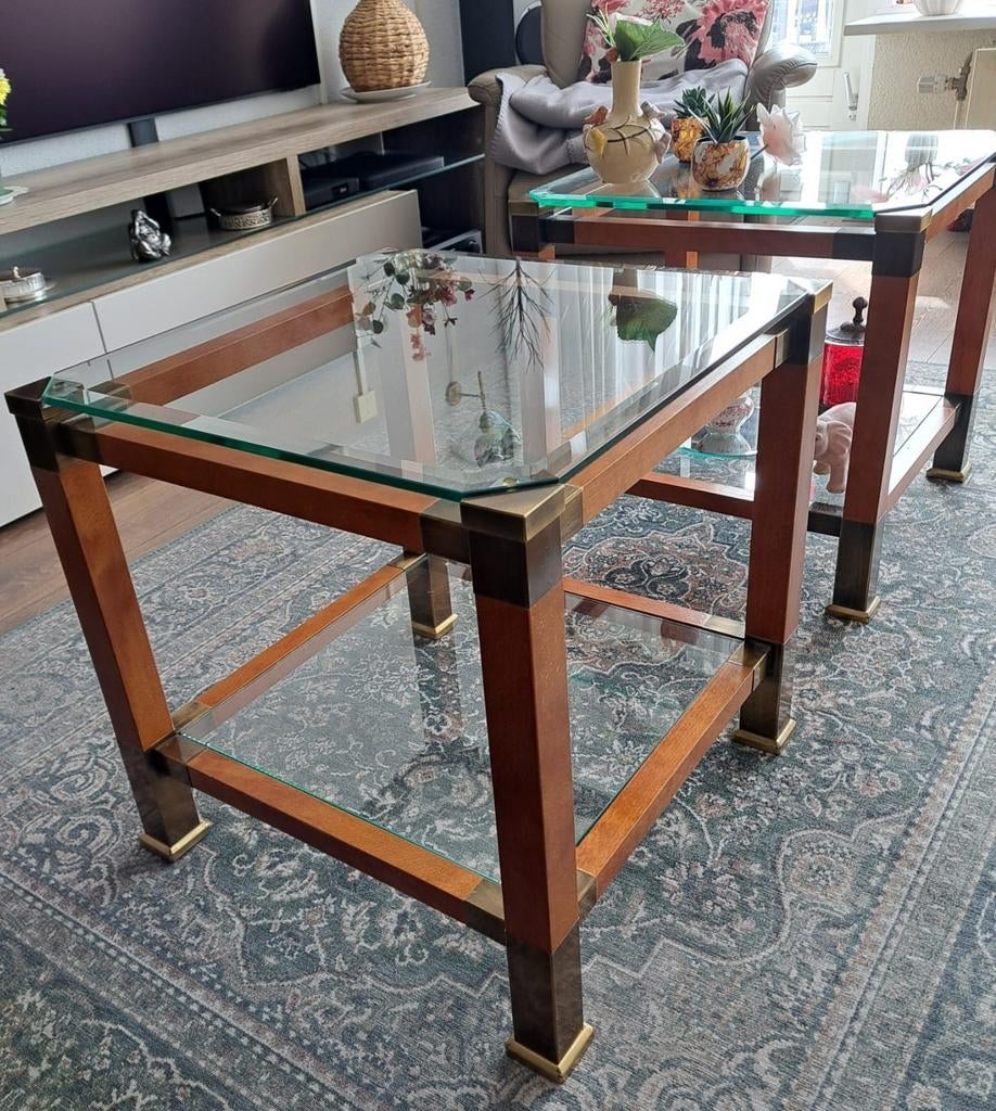 Vintage bijzettafels met glas en messing details, Huis en Inrichting, Tafels | Bijzettafels, Zo goed als nieuw, Hout, Ophalen