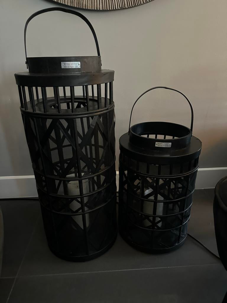 Riviera Maison Kandelaars Zwart Bamboe met Glazen Windlicht, Huis en Inrichting, Woonaccessoires | Kandelaars en Kaarsen, Zo goed als nieuw