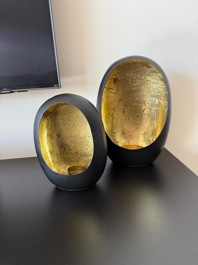 Windlichten ei metaal zwart goud, Huis en Inrichting, Zwart, Ophalen of Verzenden, Zo goed als nieuw, Metaal