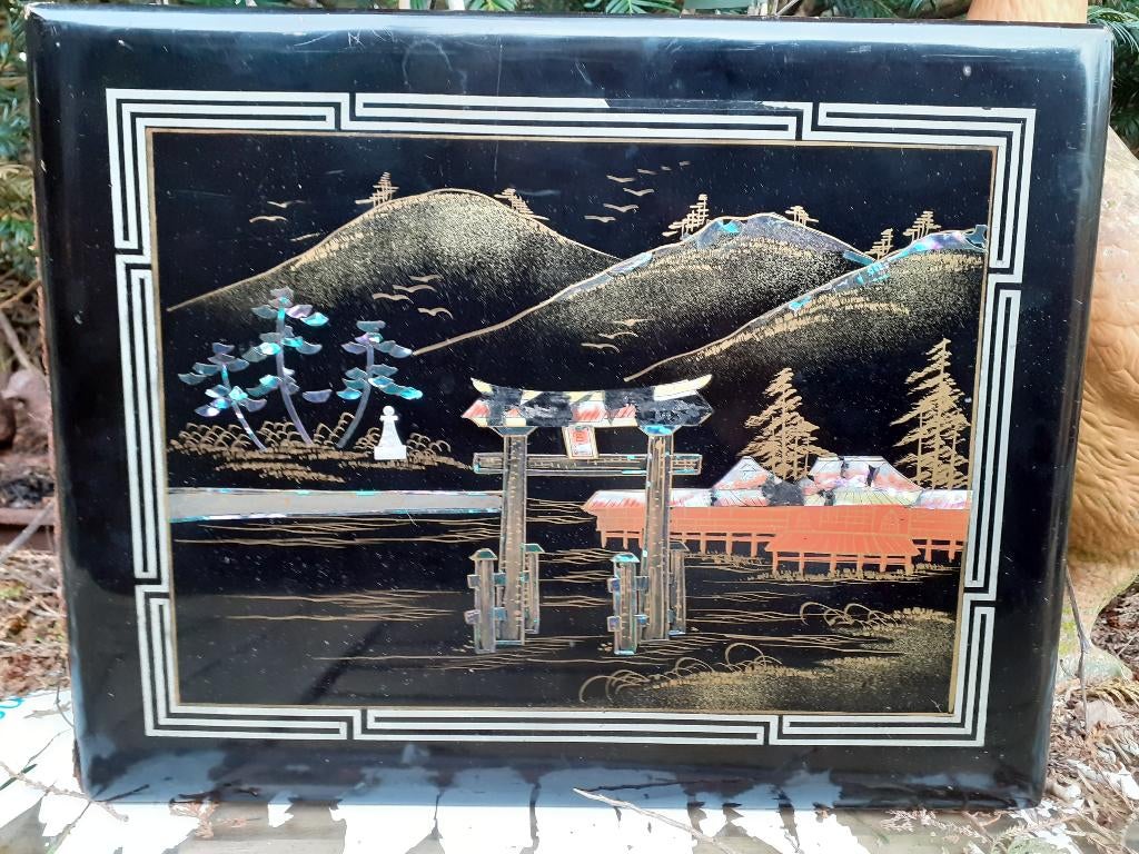 Japan Antiek Schilderij/Lakwerk Paneelm Handbeschilderd., Ophalen of Verzenden