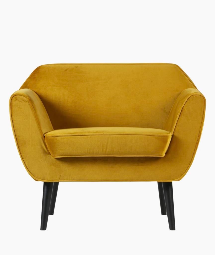 Woood fauteuil Rocco geel/oker, Huis en Inrichting, Ophalen, Gebruikt, Minder dan 75 cm, 75 tot 100 cm