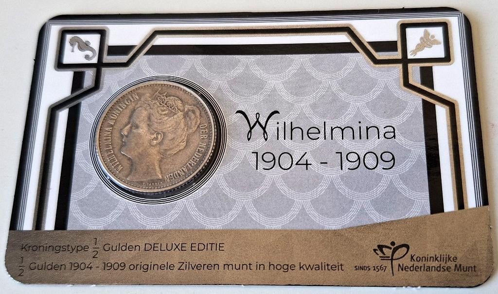 Zilveren ½ Gulden Wilhelmina in coincard 1904 (zeldzaam), Verzenden, Koningin Wilhelmina, 1 gulden, Losse munt