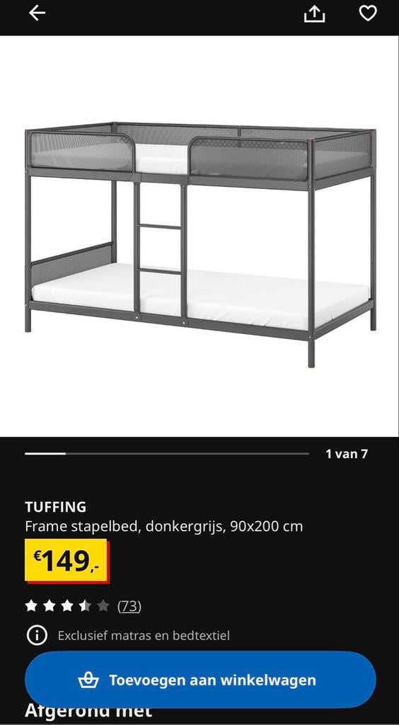 Tuffing stapelbed, donkergrijs, Ophalen, Gebruikt, 90 cm, Eenpersoons