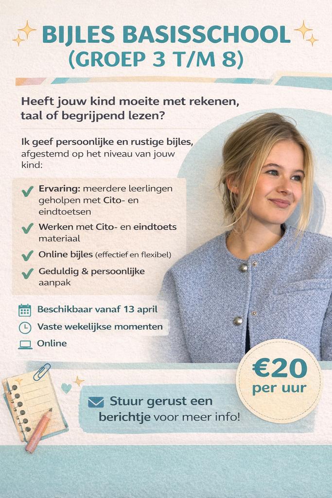 Bijles basisschool (groep 3-8) | Ervaren | €20 p/u | Online, Diensten en Vakmensen, Bijles, Privé-les en Taalles, Bijles