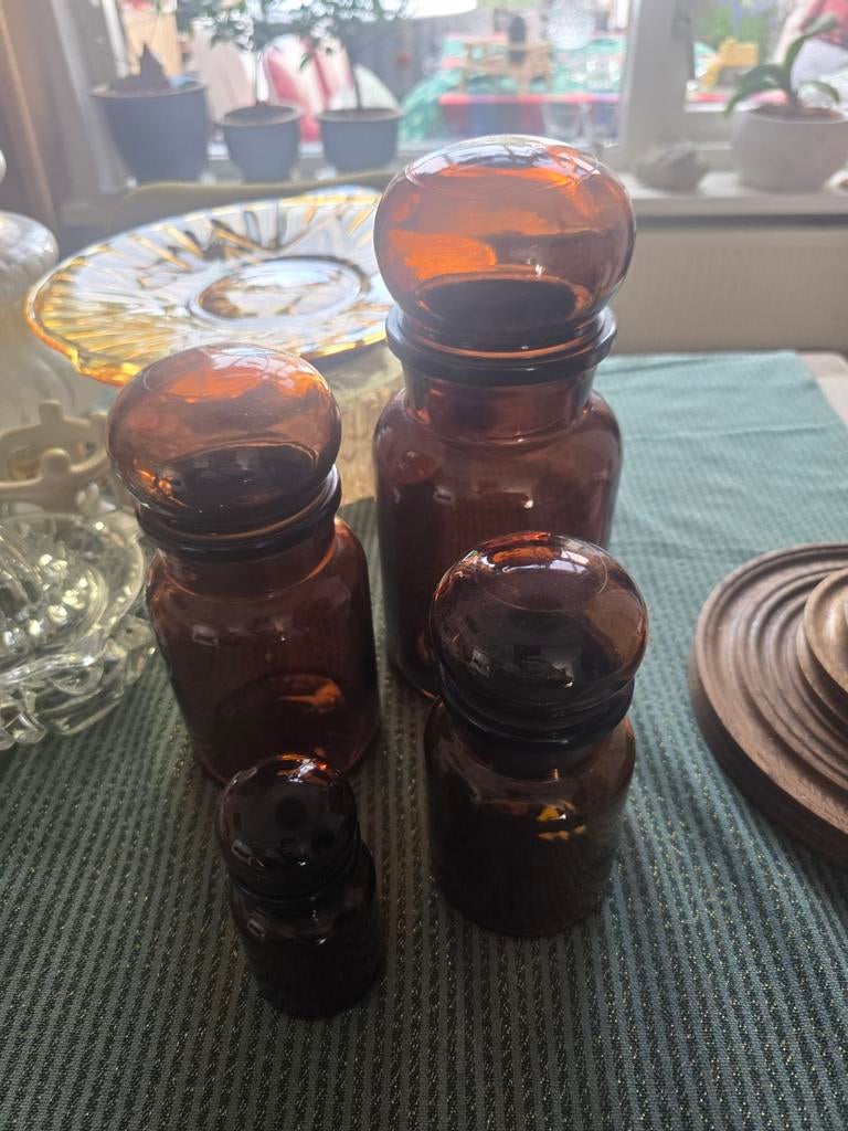 Set van 4 vintage amberkleurige apothekerspotten, Ophalen of Verzenden