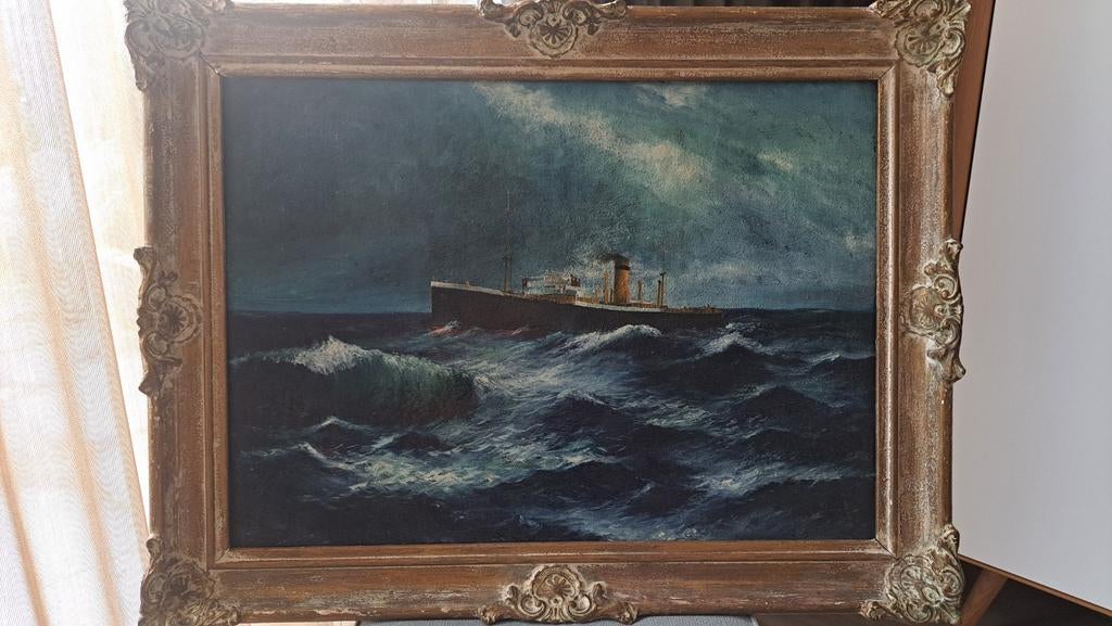 Maritiem schilderij, schip op woelige zee, Antiek en Kunst, Kunst | Schilderijen | Klassiek, Ophalen