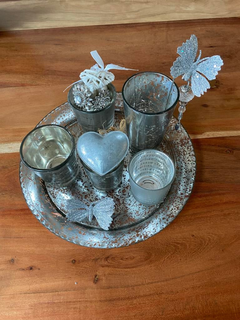 Decoratief bord met waxinelichthouders en zilveren accenten, Ophalen, Overige materialen, Zo goed als nieuw, Grijs