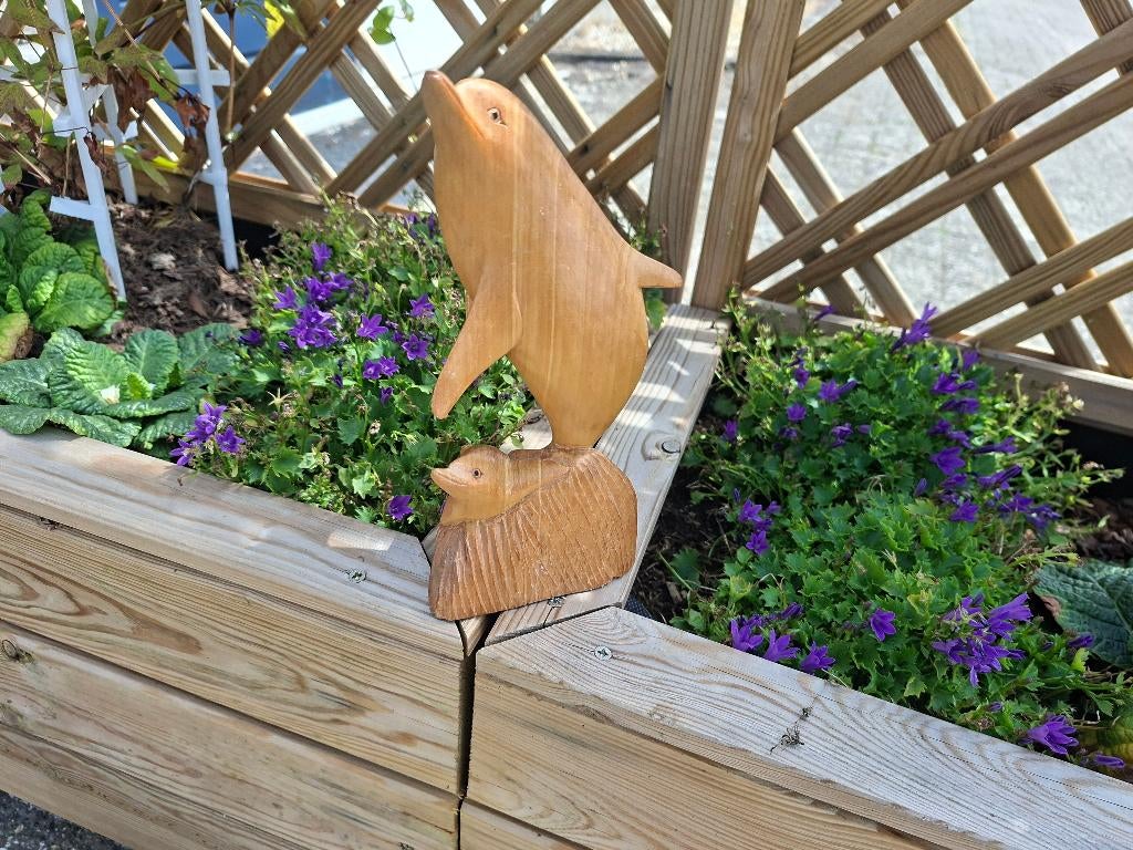 Houten Dolfijnbeeld met Jong, Ophalen of Verzenden, Beeld