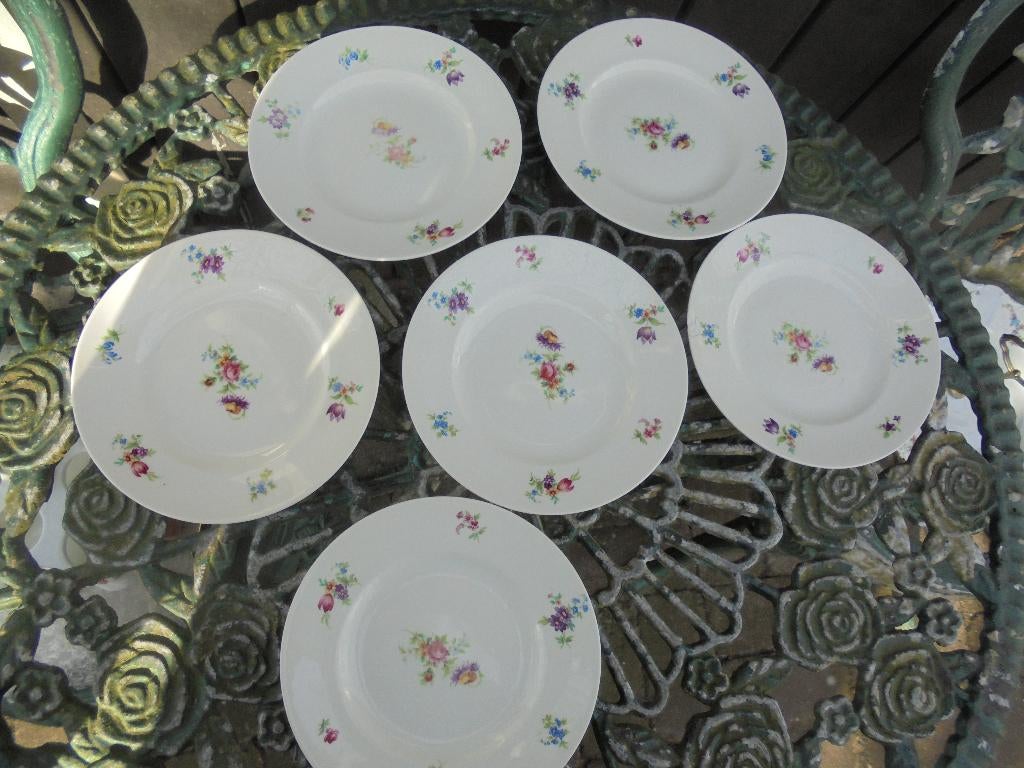 6 bordjes met lieve bloemboeketjes met roze roosjes, Ophalen of Verzenden