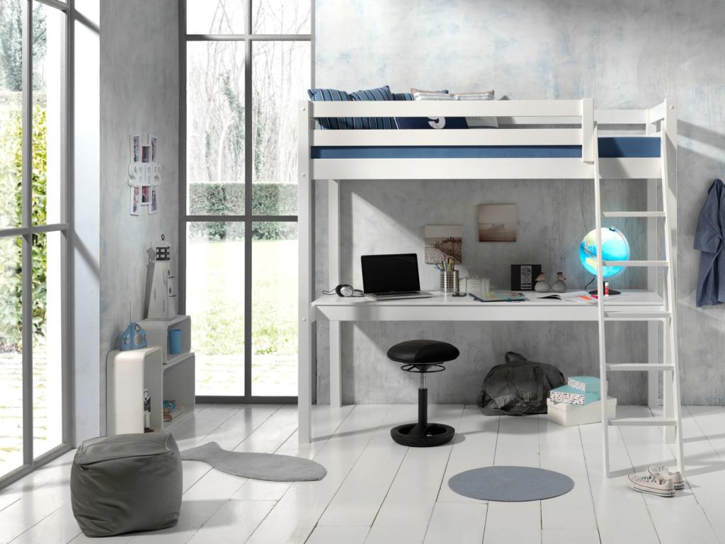 Pino hoogslaper 1-persoons met groot bureau - 90x200 - Wit, Niet ingevuld, Niet ingevuld, Niet ingevuld