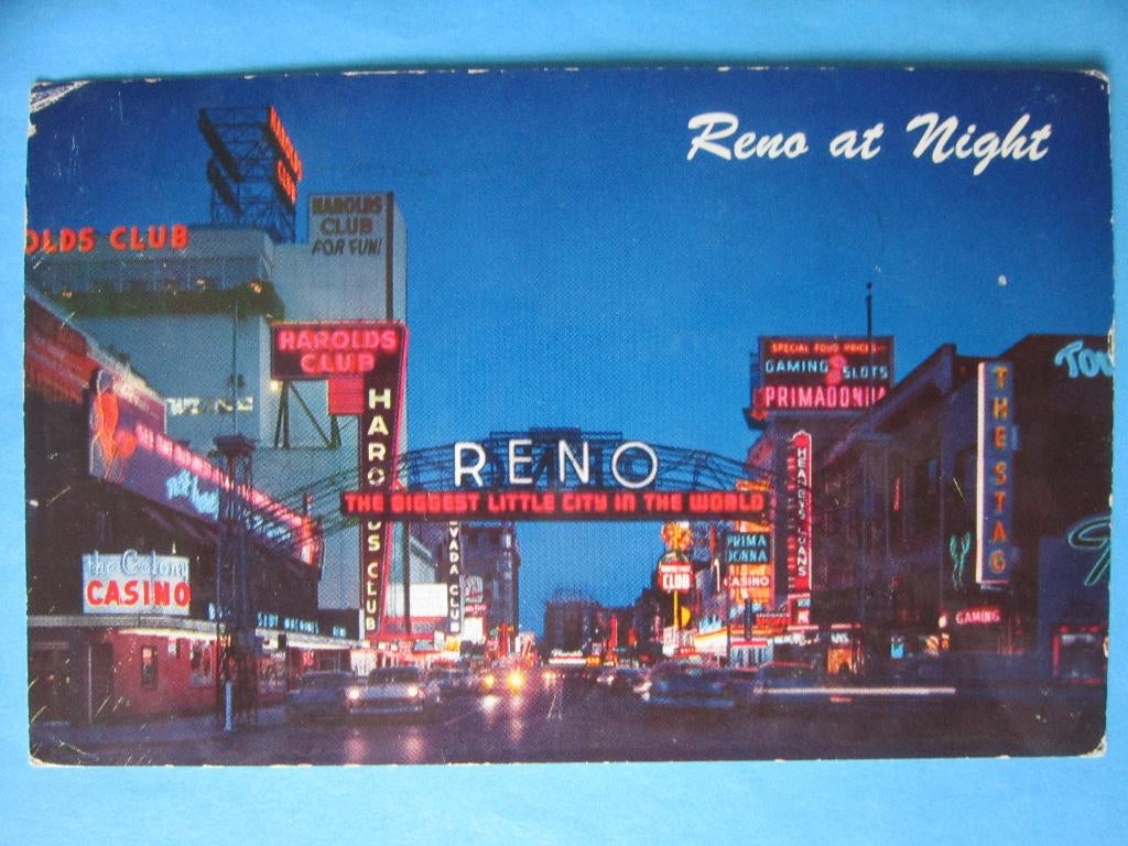 Ansichtkaart: Reno at Night. Nevada, Amerika., Ophalen of Verzenden, 1960 tot 1980, Gelopen, Buiten Europa