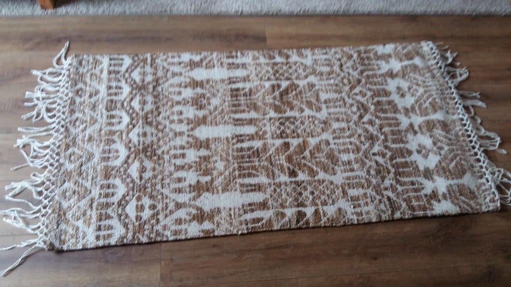 Vloerkleed met franjes bruin en okerkleurig 80 x 150, Ophalen, Nieuw, 50 tot 100 cm, 150 tot 200 cm