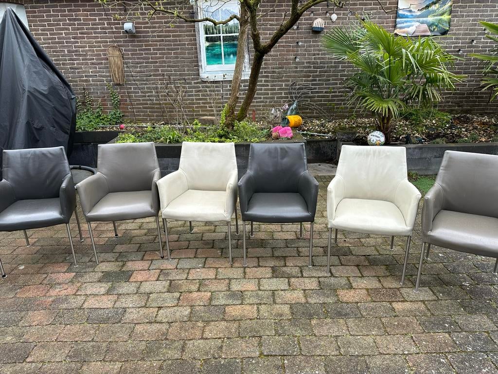 6 Leren Eetkamerstoelen - Wit, Grijs, Donkergrijs, Ophalen, Overige kleuren, Leer, Zo goed als nieuw