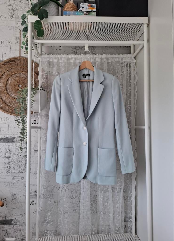 Stijlvolle blazer lichtblauw turquoise La Dress maat XXS, Blauw, Ophalen of Verzenden, Zo goed als nieuw, Jasje