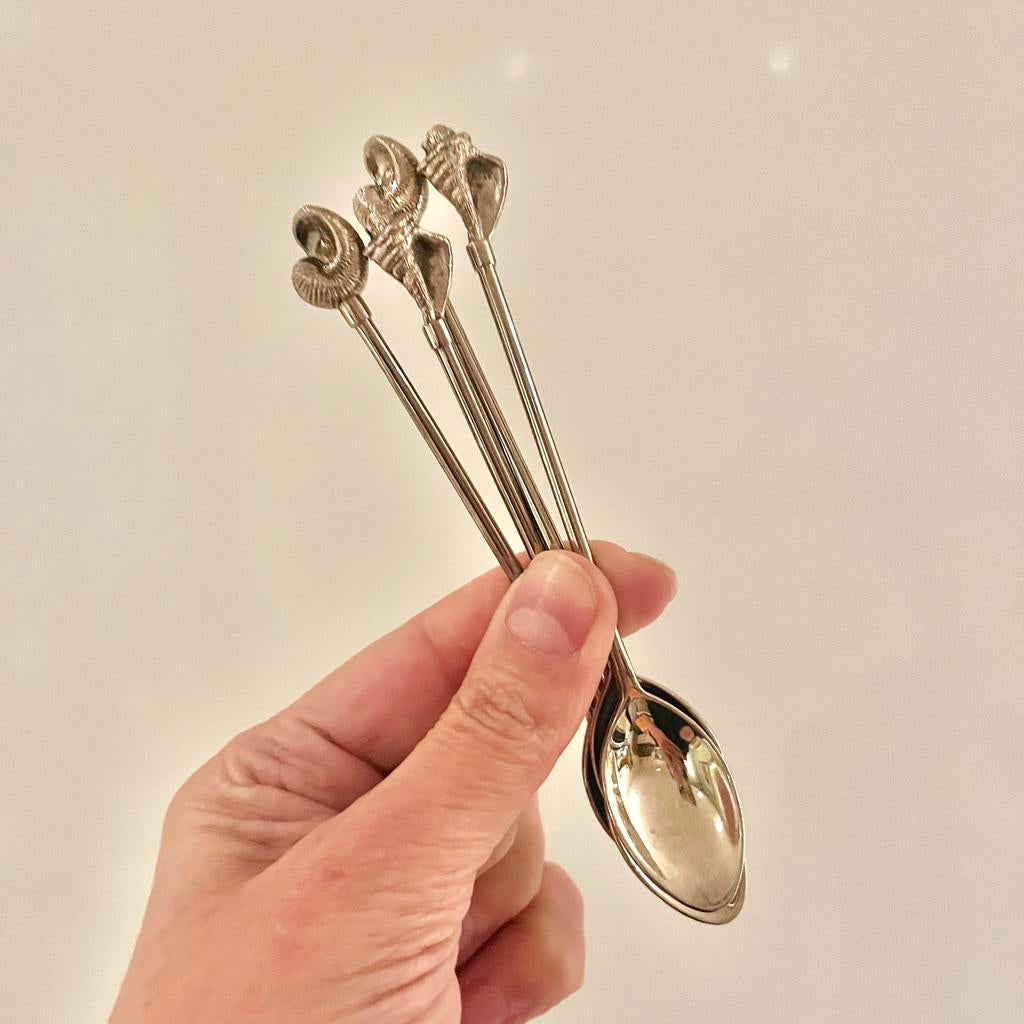 Theelepeltjes schelpen zeevruchten verzilverde lepeltjes, Ophalen of Verzenden, Rvs of Chroom