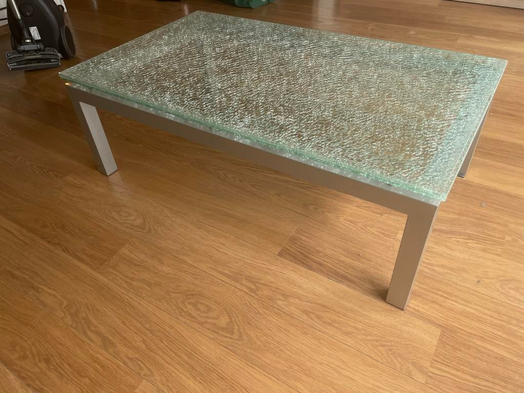 Eettafel en salontafel met glazen blad, Ophalen, Gebruikt, 100 tot 150 cm, 50 tot 100 cm