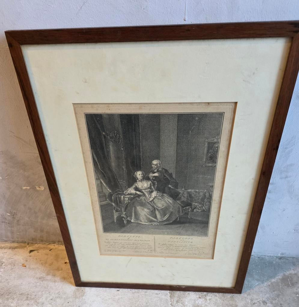 Antieke ingelijste gravure: Tartuffe, de schijnheilige bedri, Ophalen of Verzenden