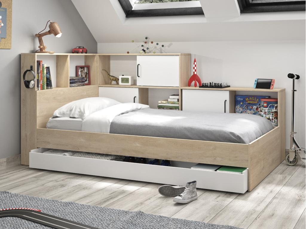 Erwin 1-persoonsbed met kastjes en lade - Naturel/wit, Niet ingevuld, Niet ingevuld, Niet ingevuld