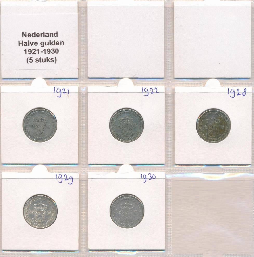 Nederland Set 1/2 Guldenmunten Zilver 1921-1930 (5 stuks), ½ gulden, Setje, Zilver, Ophalen of Verzenden