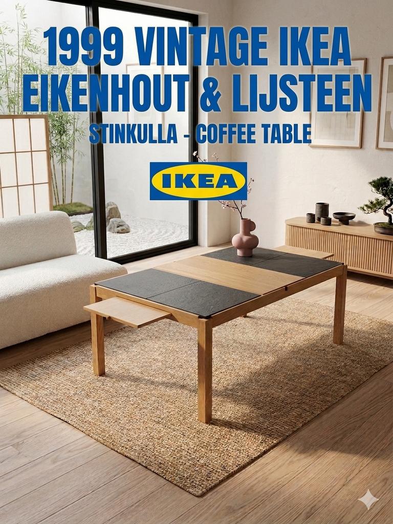 Vintage IKEA koffietafel eiken met leistenen inleg, Ophalen, Japandi, Gebruikt, 100 tot 150 cm