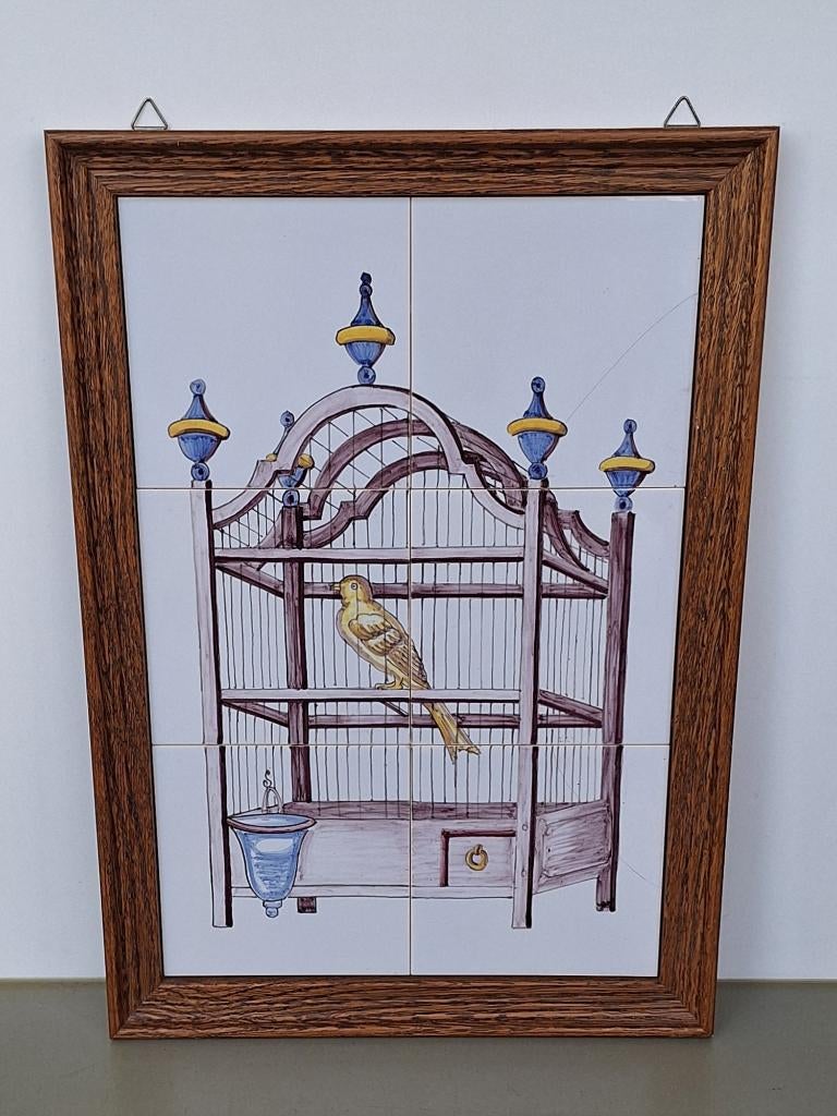 vintage antiek tableau kanarie vogeltje in vogelkooi 32x45cm, Ophalen of Verzenden